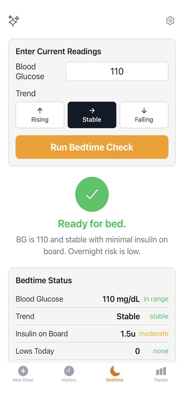 INBO Bedtime screen showing blood glucose, trend, and active insulin as read-only context before bed. No dose is calculated.