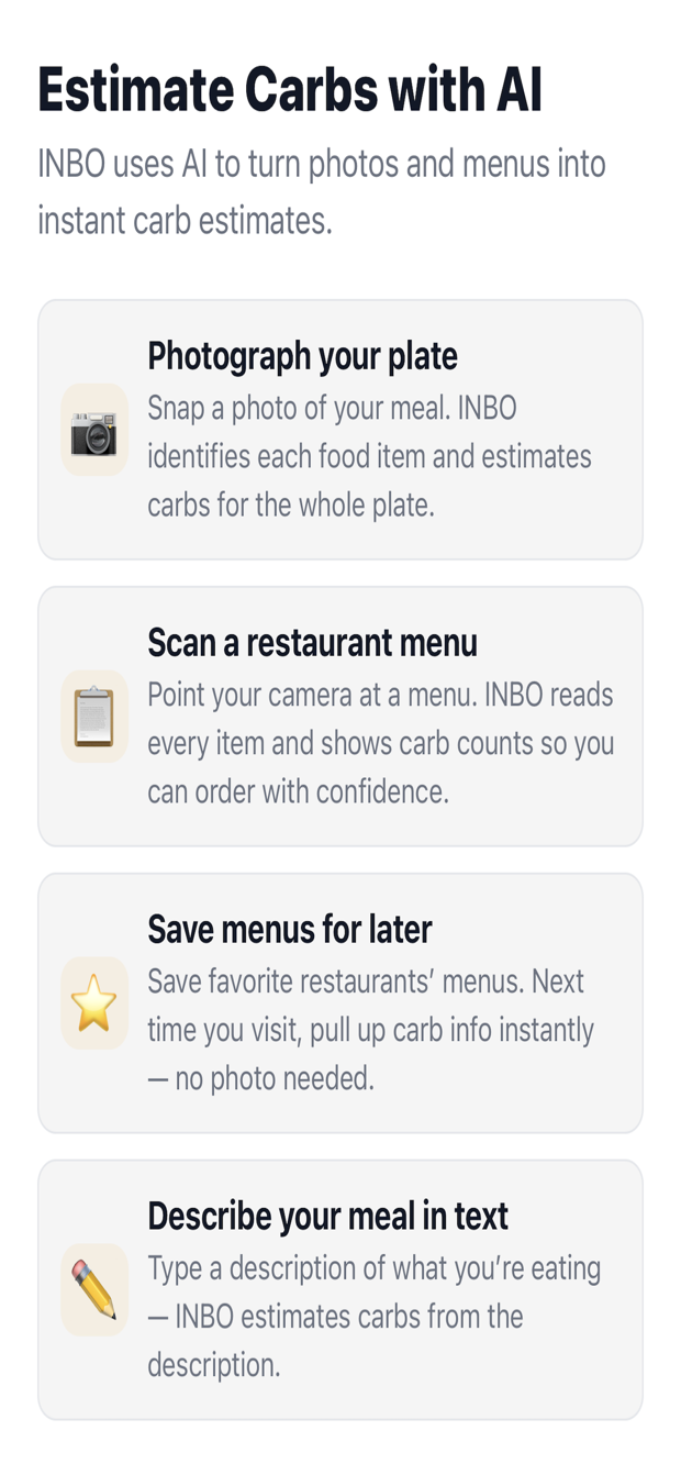 INBO carb-estimation screen offering photo, menu scan, saved menus, and text description as ways to estimate carbohydrates.